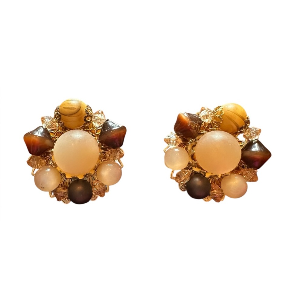 Judy Lee Vintage Style Neutral Tones Beaded Clip On Earrings
